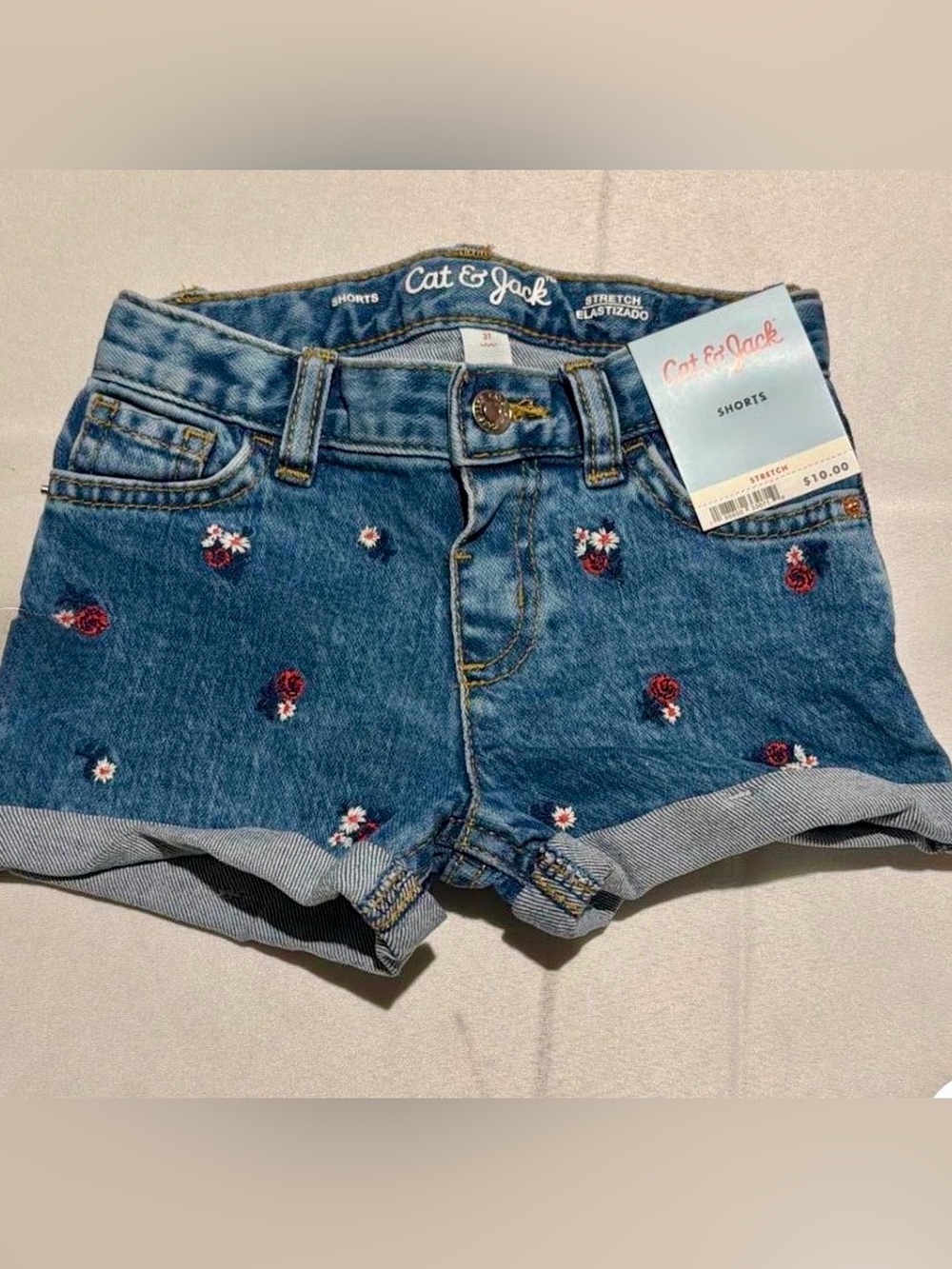 Cat & Jack Denim Shorts with Red & White Floral Embroidery
